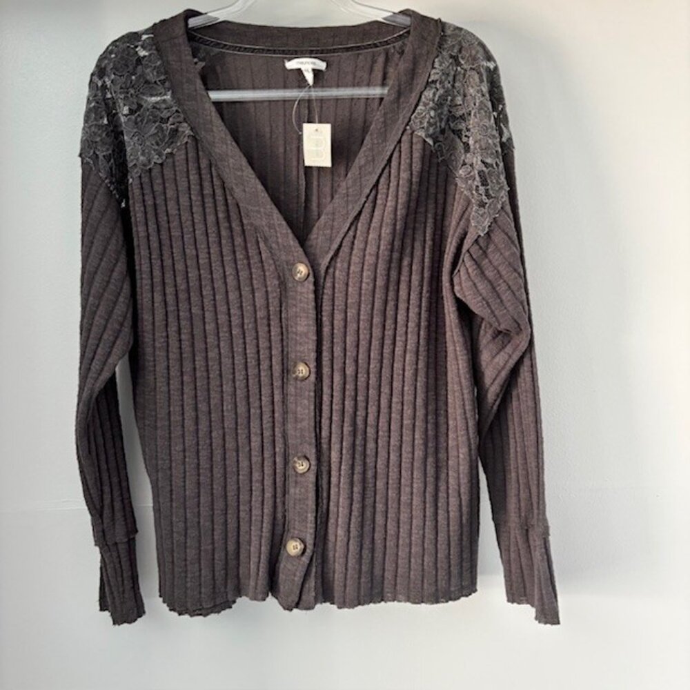 Maurices Gray V Neck Lace Button Cardigan Sweater XL Rib Knit Feminine Neutral